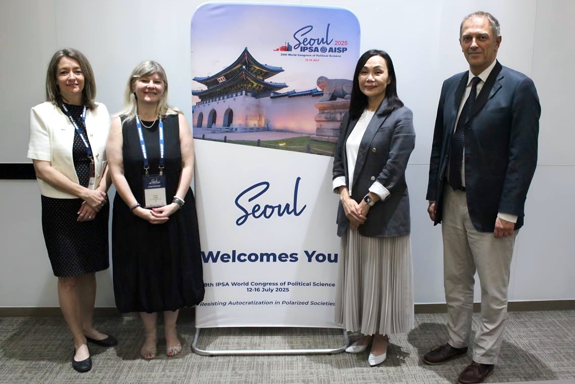 Photo (left to right): IPSA Executive Director Kim Fontaine-Skronski, ECPR Chair Daniela Irrera, IPSA President Yuko Kasuya, and WC2027 Local Organizing Committee Co-Chair Raffaele Marchetti.&nbsp;
